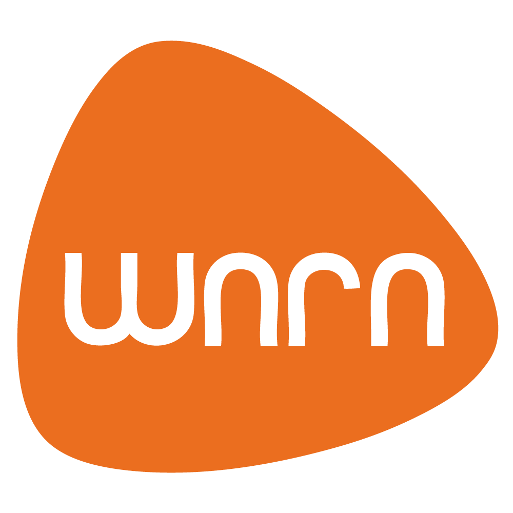 an orange guitar pick logo with white text n the center that says WNRN