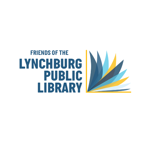 Friends of the Lynchburg Public Library blue text with open  book