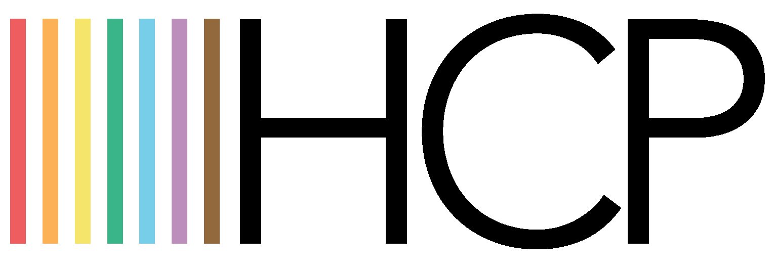 Seven vertical lines with different colors of the rainbow followed by the letters H, C and P