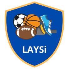 Various sports equipment and the text LAYSI (short for Lynchburg Area Youth Sports Initiative) on a blue shield with yellow outline