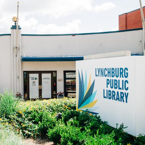 Lynchburg Public Library front sign and entry doors.