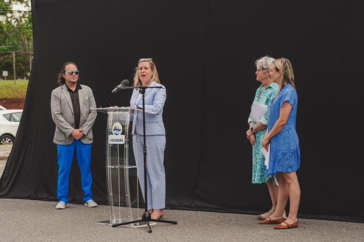 Bookmobile First Looks Event May 27, 2026. Director, Beverly Blair, with Wynter Benda, City Manager,  and Friends board members Ellen Nygaard and former Friends president Maegan Fallen